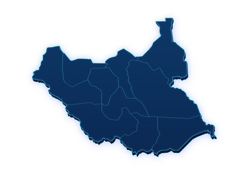 Neon blue pseudo 3D map of South Sudan with administrative regions isolated on transparent background