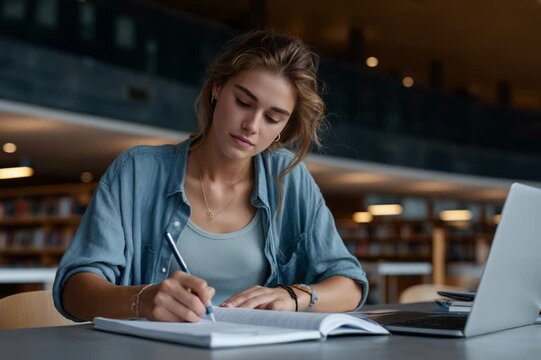 Young woman studying at a desk in the university library, taking notes in her textbook
