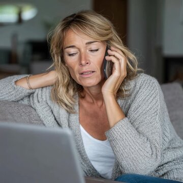 Mature woman working from home on a laptop while talking on a mobile phone looking concerned