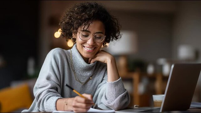 Cheerful young woman with glasses studying online or working remotely, writing in her notebook