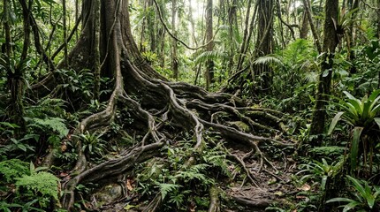 Obraz premium Ancient Giant Tree with Extensive Root System in a Dense Tropical Rainforest with Lush Exotic Foliage and Ferns.