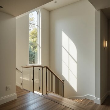 Indoor staircase landing area with a large vertical window casting soft daylight onto wood steps