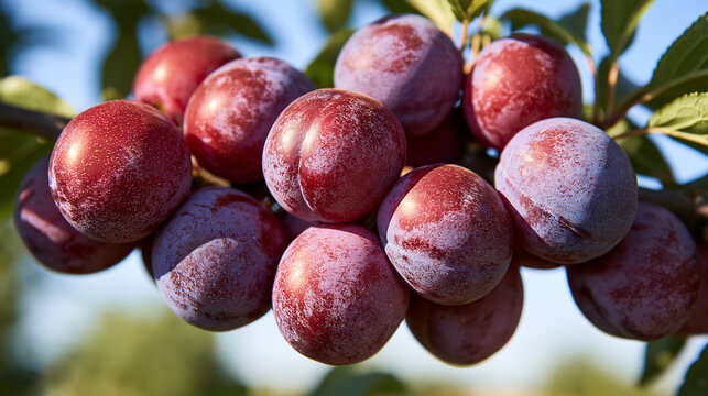 Fresh organic plums hanging from a leafy tree branch in sunlight. Perfect for agricultural themes and healthy food marketing.