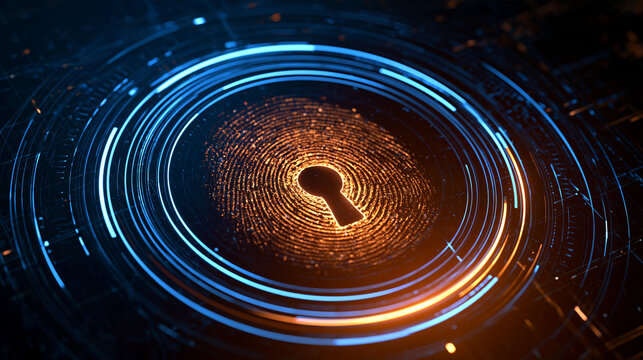 A glowing digital fingerprint forms a protective lock icon against a dark, futuristic background. Ideal for cybersecurity and data privacy concepts.