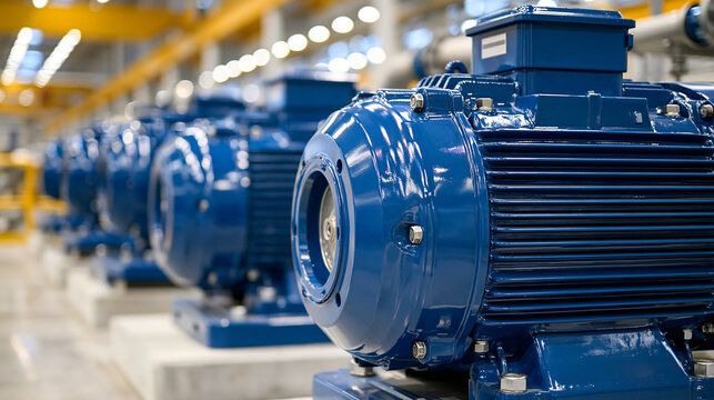 A row of industrial electric motors stands inside a modern factory facility. This captures high-performance engineering equipment for manufacturing and technology industry.