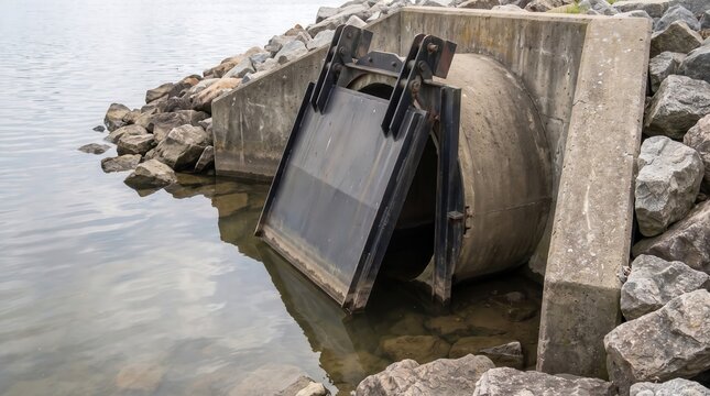 A large industrial tide gate or flap valve installed on a concrete drainage pipe at the edge of a lake or riverbank