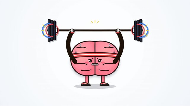 Brain lifting weights, a cartoon illustration of a strong mind working out and building mental strength.