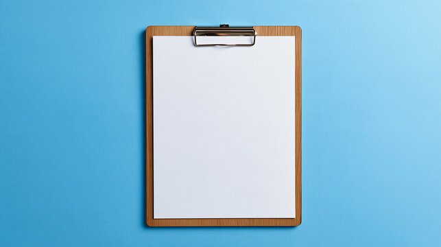 Clipboard with blank white paper isolated on a blue background. Mockup for notes, lists, or forms.