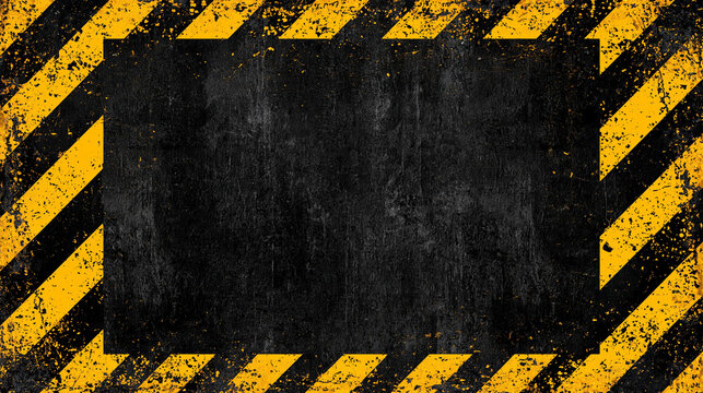 Black grunge texture with hazard warning stripes border. Concept for danger, construction, or industrial area.