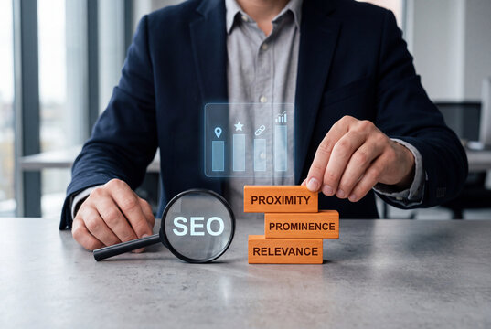 Modern search engine optimization concept featuring wooden blocks stacked with SEO strategy terms alongside a magnifying glass and a digital hologram display on a corporate desk space.