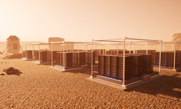 Data center on mars with server racks for interplanetary computing
