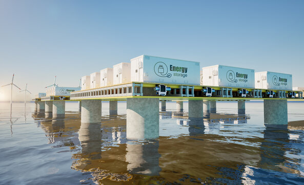 Floating energy storage systems with wind turbines on offshore platform