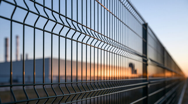 A metal wire mesh fence stands prominently in the foreground with an industrial facility blurred in the background at sunset. Perfect for security and infrastructure themes.