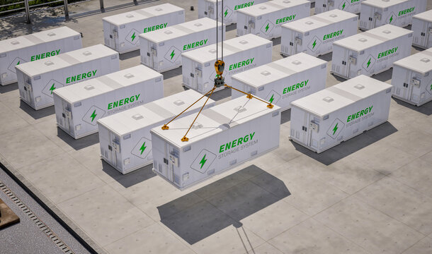 Group of energy storage systems or battery container units isometric