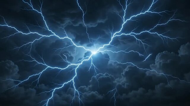 Lightning striking dramatic dark storm clouds with powerful electrical flashes in night sky motion video clip