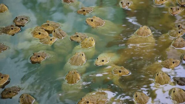 Commercial Frog Farm, A big brown frog in the pond,Swarm of Edible Frogs