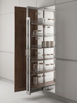 Modern kitchen pantry pullout cabinet with wooden shelves and glass storage jars, organized storage solution in a contemporary interior