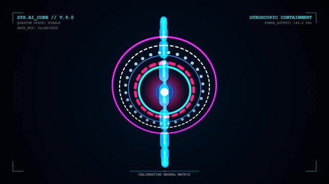 A highly advanced artificial intelligence glowing core (quantum brain) surrounded by complex rotating 3D gyroscopic rings, data streams, and futuristic HUD elements. Seamless 10-second loop.