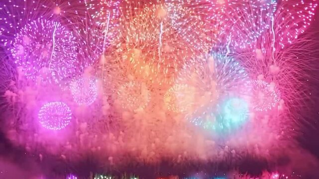 abstract Multicolor golden shining glowing fireworks show with bokeh lights in the night sky.