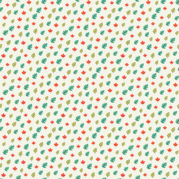 Pattern of stylized maple, monstera, and spotted leaves