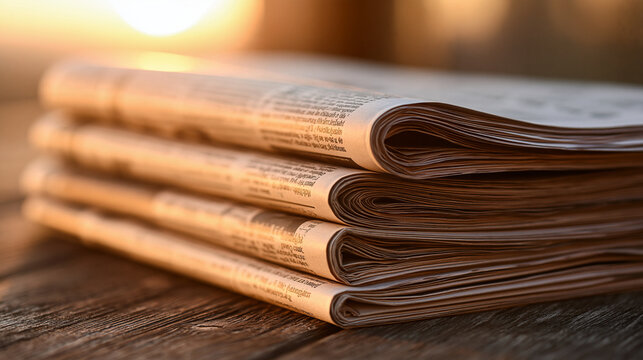 A stack of folded newspapers rests on a rustic wooden table under warm morning sunlight. Use this for journalism and media concepts.