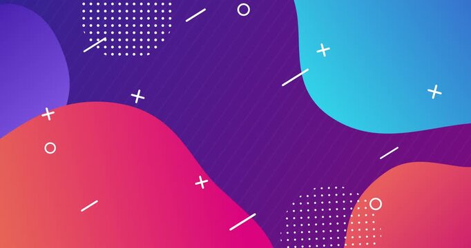 Purple and cyan liquid memphis blob background with geometric shapes, seamless 4K loop