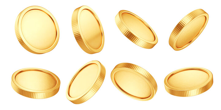 Set of 3d golden coins. Blank gold coin different angles. Money bank finance payment and investment concept. 3d illustration