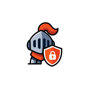 Cartoon medieval knight wearing armor and a red plume, holding a shield with a padlock symbol, representing security, protection, defense, and cybersecurity.
