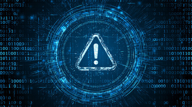 A glowing warning exclamation mark icon surrounded by digital binary code and technical data streams. This illustrates cybersecurity threats and software system errors.