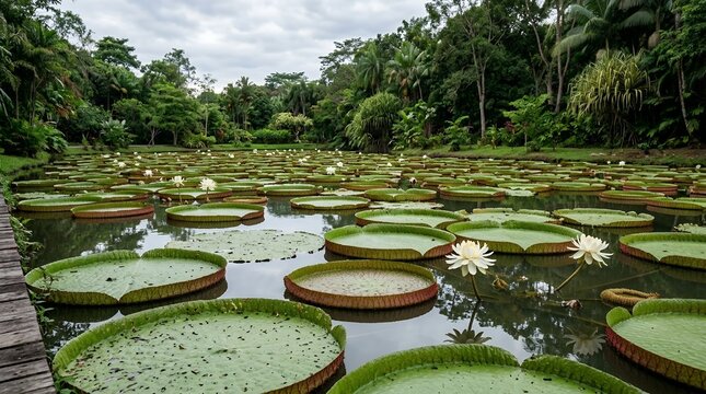 Giant Victoria Amazonica Water Lilies with Large Floating Pads and White Flowers in a Lush Tropical Botanical Garden Pon