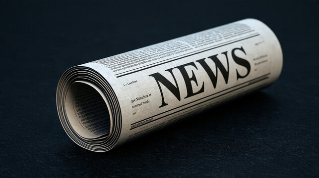 A rolled up newspaper sitting on a dark textured background. This image symbolizes current events, journalism, and the importance of daily media reporting.