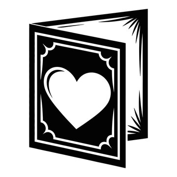 Open greeting card with heart shape black and white silhouette