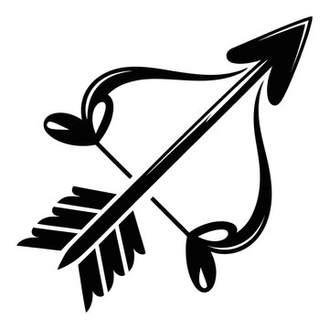 Elegant bow and arrow with leaves a black silhouette
