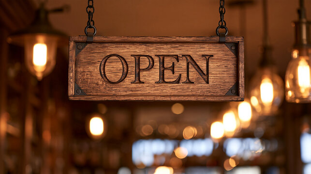 A wooden carved open sign hanging by metal chains inside a warm lit restaurant or cafe background. This inviting business sign is ideal for retail store advertisements.