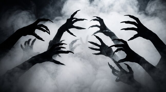 Shadow overlay effect for halloween background with Terrifying scary hands with long nails, Creepy monster claw, silhouette of hands transparent background, zombie hand rising out of a graveyard