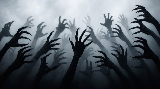 Shadow overlay effect for halloween background with Terrifying scary hands with long nails, Creepy monster claw, silhouette of hands transparent background, zombie hand rising out of a graveyard