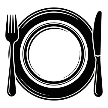 Elegant dinner plate with fork and knife is a black silhouette