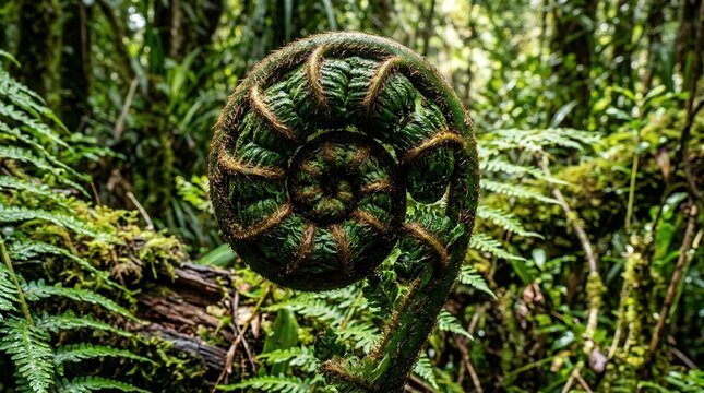 Close up of a Coiled Green Fern Frond Koru Spiral Growth in a Lush Tropical Forest Rainforest Nature Background Scene