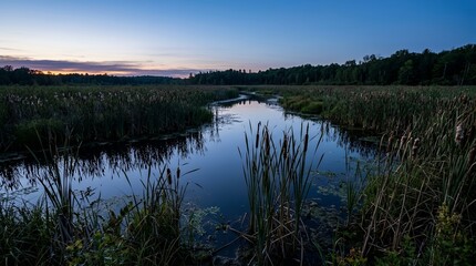 Obraz premium Peaceful Swamp Landscape with Tall Reeds and Water Reflections under a Vibrant Blue and Pink Twilight Sky at Sunset