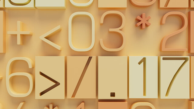 Close-Up of Textured Surface Featuring Geometric Shapes, Numbers, and Arrows in Orange and Beige Gradient for Digital Design, User Interface, and Technology Applications