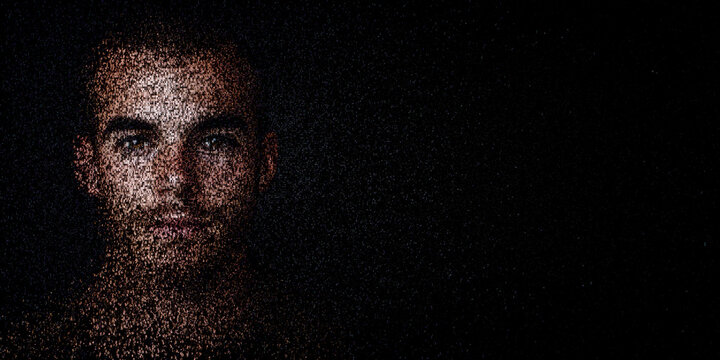 Digital ID Portrait of Man with Face made up of Data. Liveness detection Concept with copy-space.