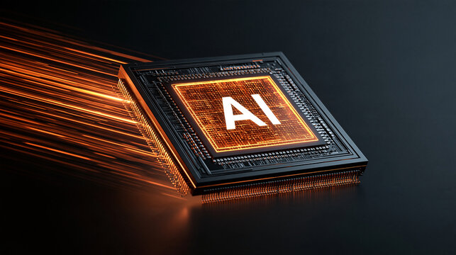 A futuristic AI processor chip glows with orange light and motion lines against a dark background. This image illustrates concepts of machine learning and advanced computing.