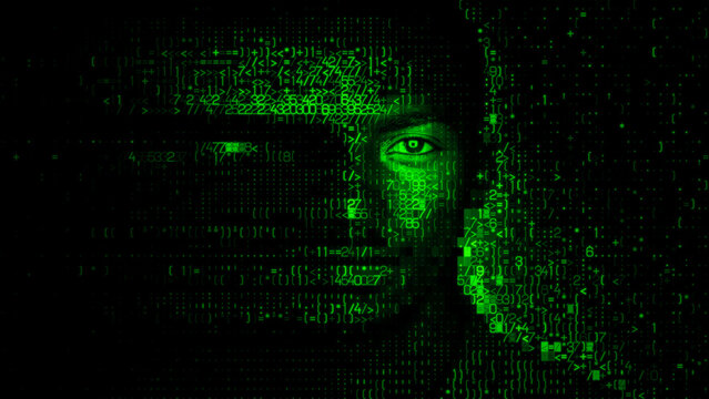 Male Face dissolving into Encrypted Code, representing Identity Theft Concept.