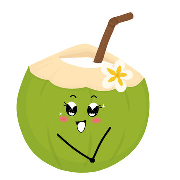 Cute green coconut fruit character with frangipani flower and straw vector illustration