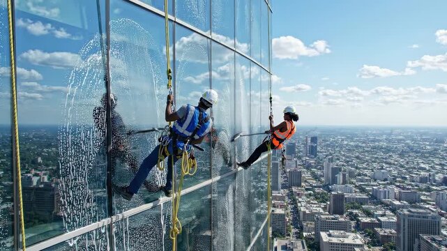 Two suspended rope access workers clean adjacent window sections on a skyscraper facade in coordinated strokes. Teamwork in demanding exterior maintenance