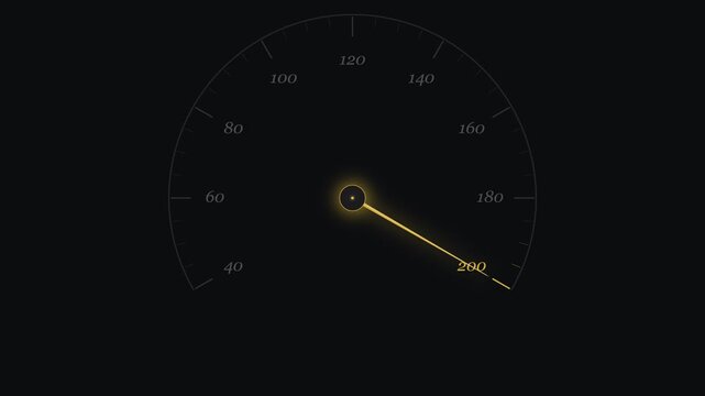 A high speed speedometer gauge reaching extreme velocity levels on a dark digital vehicle dashboard with illuminated indicators