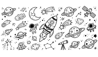Hand Drawn Space Rocket Planet Cartoon Doodle Banner Vector © MdBanna