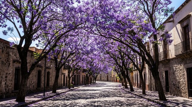 Vibrant Purple Jacaranda Flowers Forming a Natural Archway Over a Historic Cobblestone Street on a Sunny Spring Day