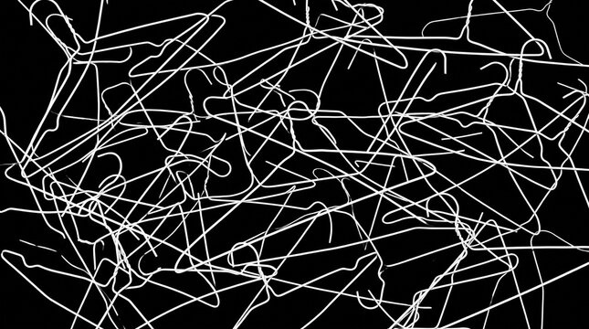 Tangled white wire clothes hangers arranged in a chaotic overlapping pattern on a black background with chaos