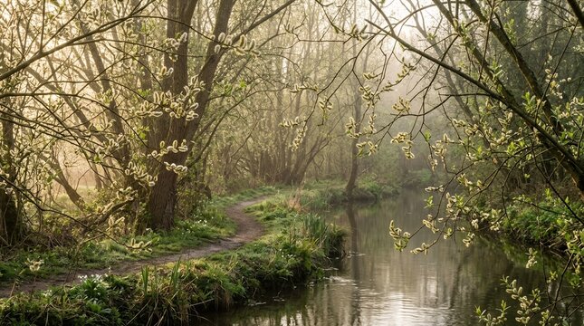 Scenic morning landscape featuring a narrow dirt path along a peaceful river in a misty spring forest with catkins.